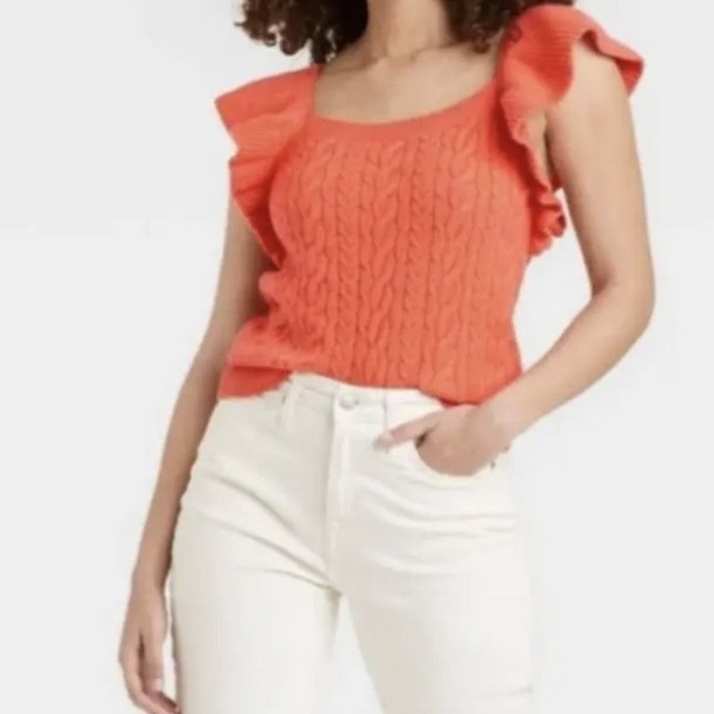 A New Day Orange Ruffle Sleeve Cableknit Sweater nwt - Picture 1 of 2
